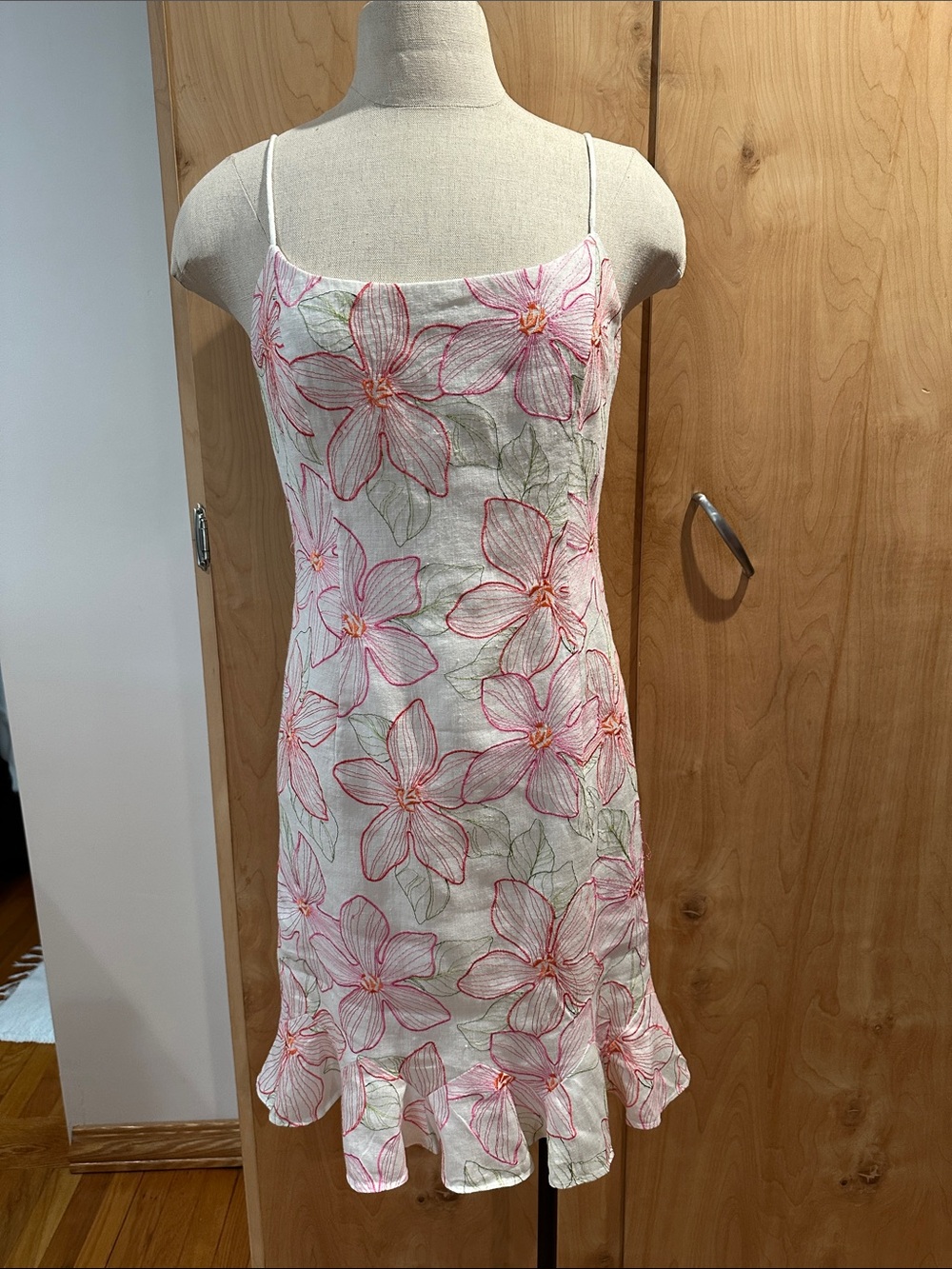 Muse White Floral Embroidered Midi Dress with Pink Flowers